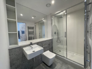 Graues Badezimmer mit Walk-in-Dusche, Wand-WC, Waschbecken und Spiegelschrank.